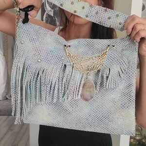 Fringed Iridescent Shoulder Bag with Gem Accent